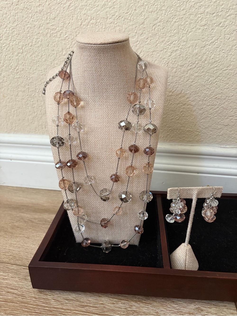 Chico’s Crystal Bead Multi-Strand Necklace and Earrings Set Champagne & Clear